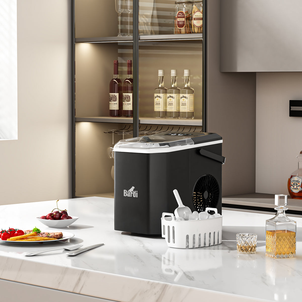 Bardi 1.3L Deluxe IJsblokjesmachine Square – IJsblokmaker Inclusief Luxe Thermosbeker en IJsschep – 9 Blokjes in 8 Minuten – ZWART