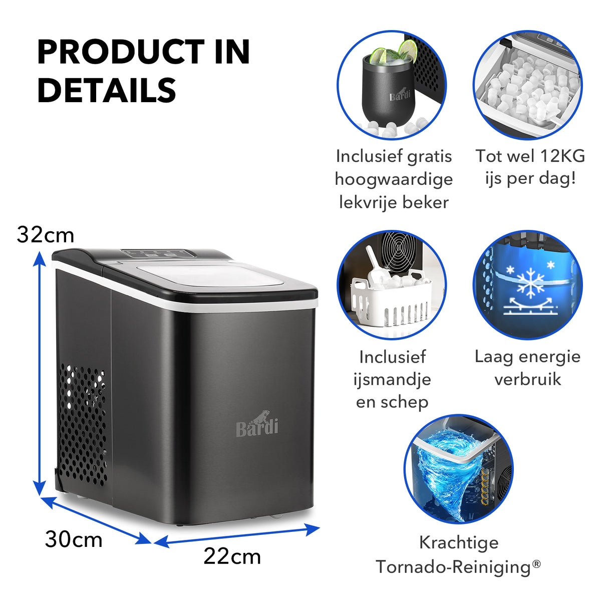 Bardi 2.0L Deluxe IJsblokjesmachine – IJsblokmaker Inclusief Luxe Thermosbeker en IJsschep – 9 Blokjes in 8 Minuten – GUNMETAL RVS