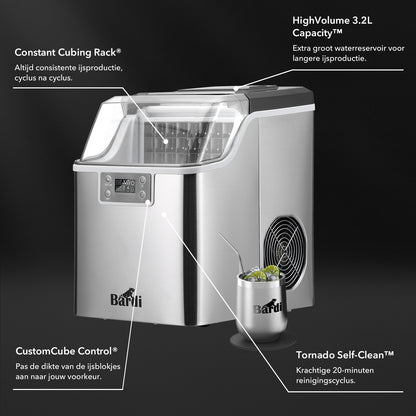 Bardi 3,2L Deluxe IJsblokjesmachine - Vierkante IJsblokmaker - LCD Display - 20Kg/24 uur. inclusief Thermosbeker en IJsschep- RVS met citruspers RVS