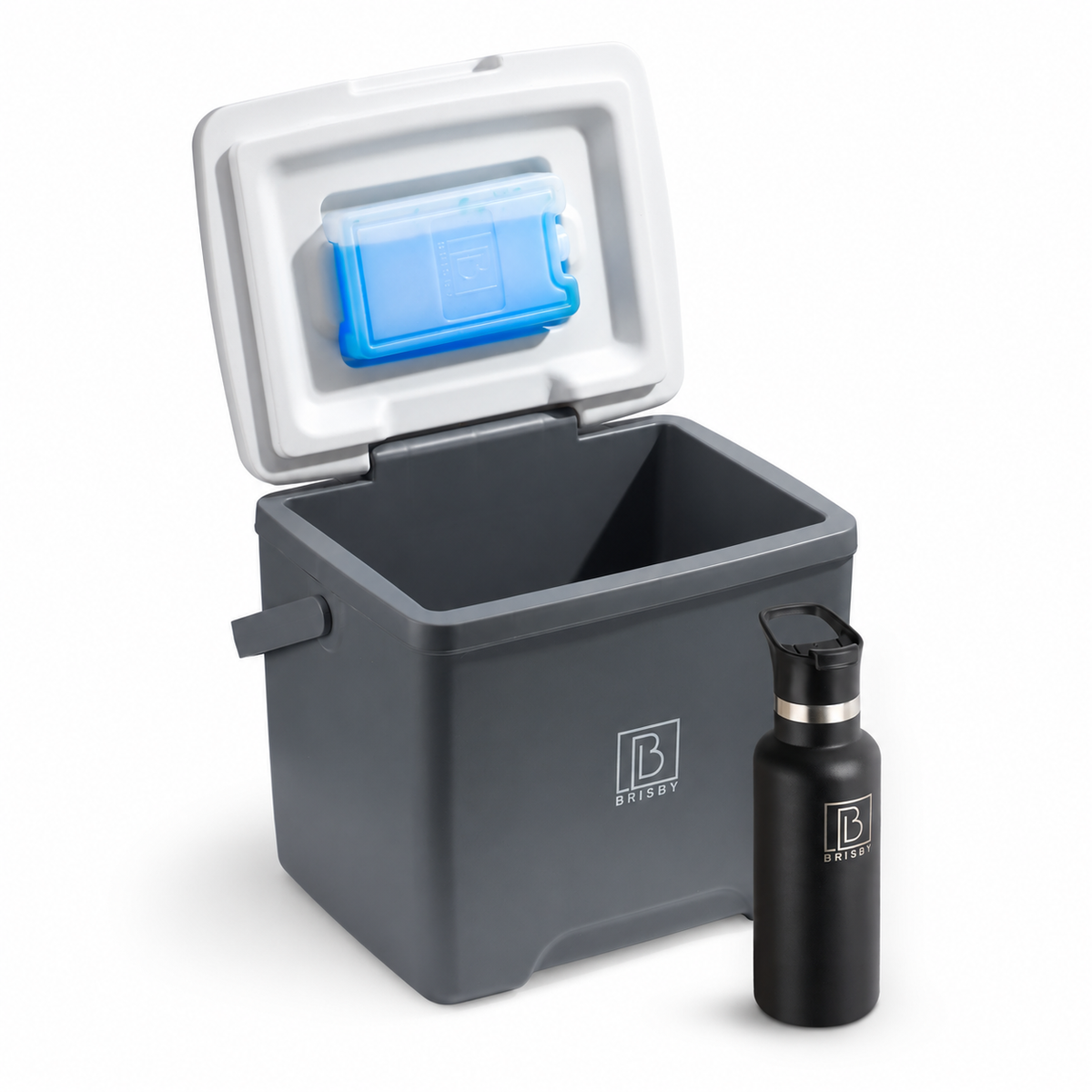 Brisby Koelbox - Frigobox - 13L- Grijs - Tot maximaal 40 uur isolatie - Incl. 2 dikke koelelementen van 450ml - Met koelelementen vergrendeld in deksel en Brisby 500ml Zwarte Dubbelwandige Thermosfles