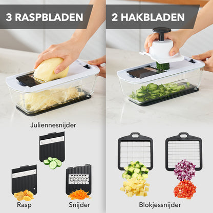 BARDI 12 Delige Groentesnijder met Glazen Ovenschaal - Mandoline Keukensnijder - Groentensnijder Multifunctioneel - Uiensnijder - Anti-slip mat - Glas & RSV - Zwart & Wit