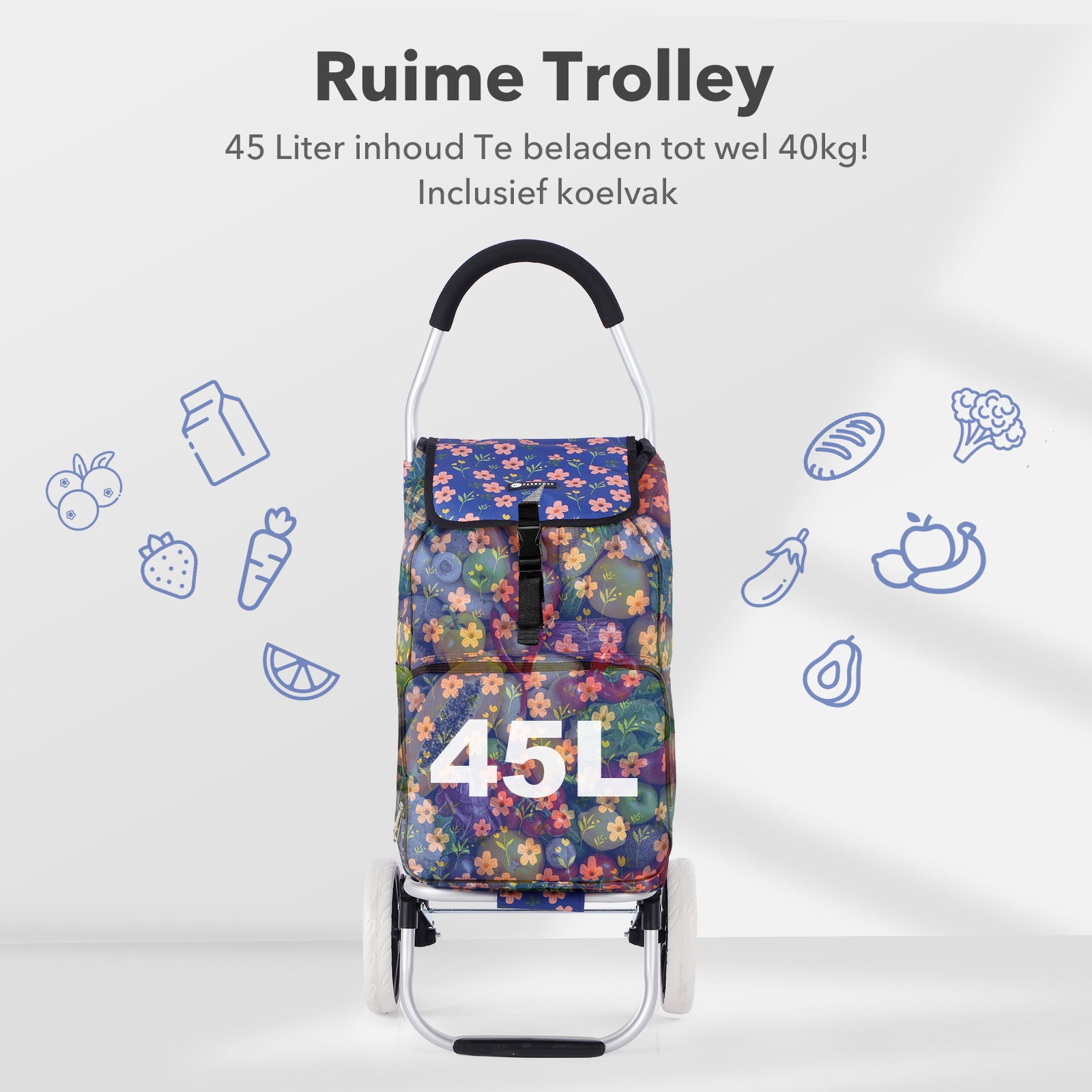 Packaway Boodschappentrolley 45L met Koelvak - Boodschappenwagen met Grote Wielen - Steekwagenfunctie - Waterafstotend - Blue Blossom