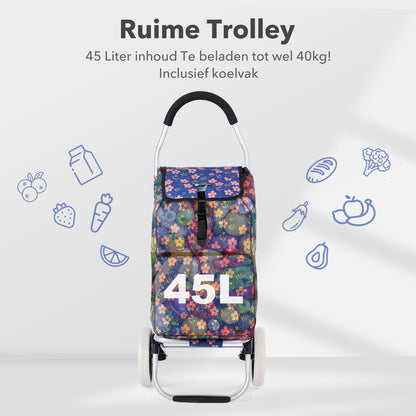 Packaway Boodschappentrolley 45L met Koelvak - Boodschappenwagen met Grote Wielen - Steekwagenfunctie - Waterafstotend - Blue Blossom
