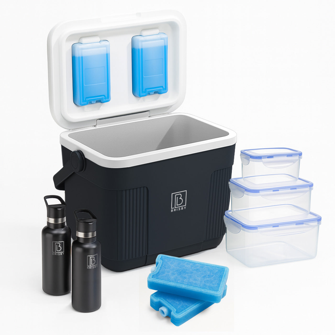 Koelbox 22L zwart SET - Tot maximaal 40 uur isolatie - incl. 4 450ml koelelementen, 2 zwarte 500ml thermosflessen en 3-delige set vershoudbakjes