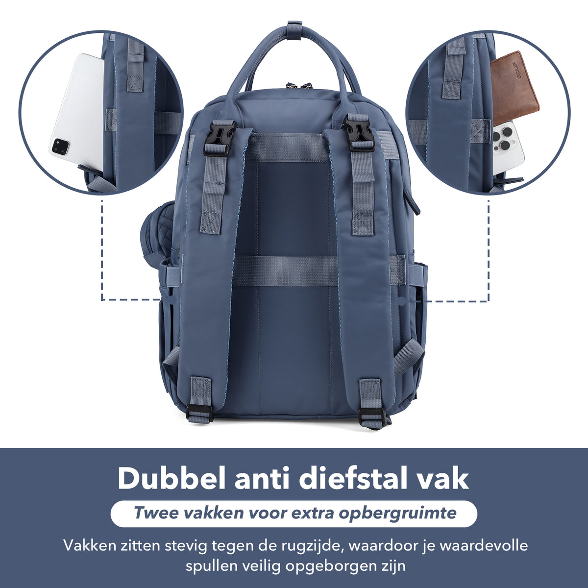 Brisby Premium Luiertas – Uitgebreide en Functionele Verzorgingstas – met buggymontage – Anti Diefstal Vakken - Reistrolley Sleeve - Inclusief verschoonmatje t.w.v.15,99 euro en speenhouder - Levenslange Garantie - Nordic Blue