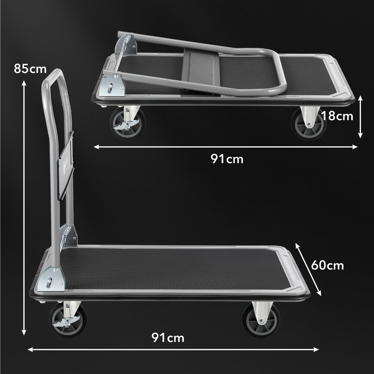 Packaway Opvouwbare Transportwagen 350 kg – Transportkar met Rem – 92 x 62 cm – Antislip Laadplatform – 4 Wielen – Inklapbare Duwbeugel