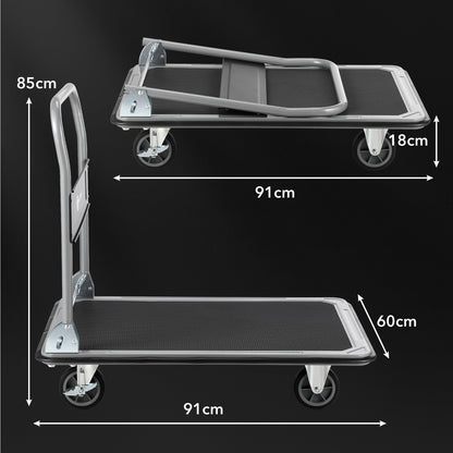 Packaway Opvouwbare Transportwagen 350 kg – Transportkar met Rem – 92 x 62 cm – Antislip Laadplatform – 4 Wielen – Inklapbare Duwbeugel