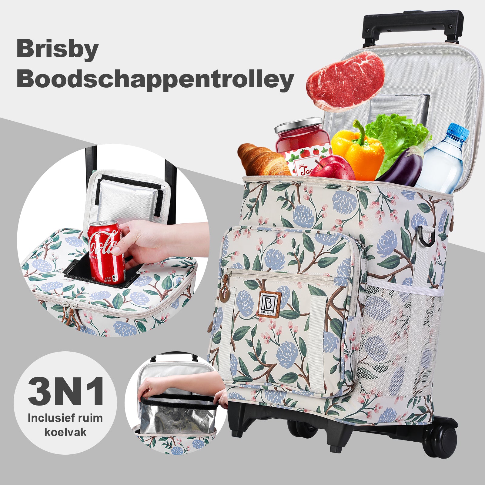 Brisby Boodschappentrolley met Koelvak – 32L Ruimte – Ideaal voor Boodschappen – Inclusief Koelelementen – Waterafstotend – Verstelbaar Handvat – White Flower