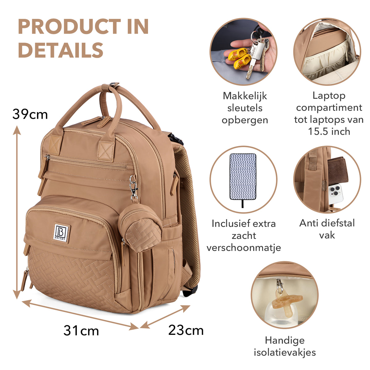 Brisby Premium Luiertas – Uitgebreide en Functionele Verzorgingstas – met buggymontage – Anti Diefstal Vakken - Reistrolley Sleeve - Inclusief verschoonmatje t.w.v.15,99 euro en speenhouder - Levenslange Garantie - True Terracotta