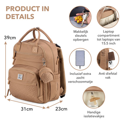 Brisby Premium Luiertas – Uitgebreide en Functionele Verzorgingstas – met buggymontage – Anti Diefstal Vakken - Reistrolley Sleeve - Inclusief verschoonmatje t.w.v.15,99 euro en speenhouder - Levenslange Garantie - True Terracotta