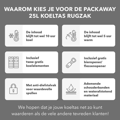 Koeltas rugzak 25L grijs - Waterafstotend - anti diefstal vak - 4 laags geïsoleerd - Incl. 2 gratis koelelementen en gratis flessenopener