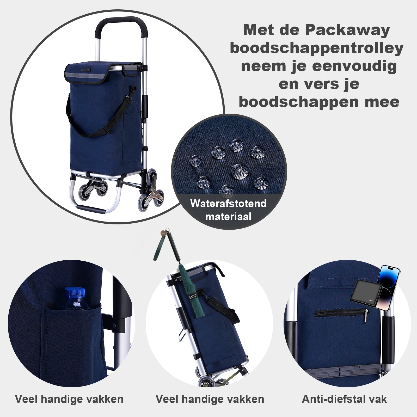 Boodschappentrolley met trapwielen 40L blauw - winkelwagen ophanging - opvouwbaar - telescopisch handvat