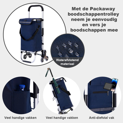 Boodschappentrolley met trapwielen 40L blauw - winkelwagen ophanging - opvouwbaar - telescopisch handvat