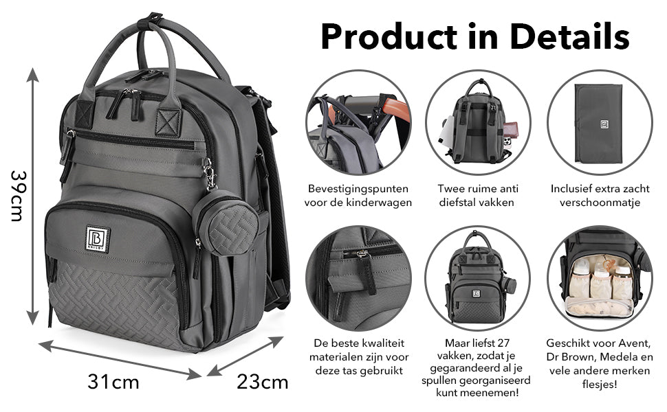 Brisby Premium Luiertas  - Donkergrijs - Kinderrugzak - 1.5L kinderlunchtas Giraffe