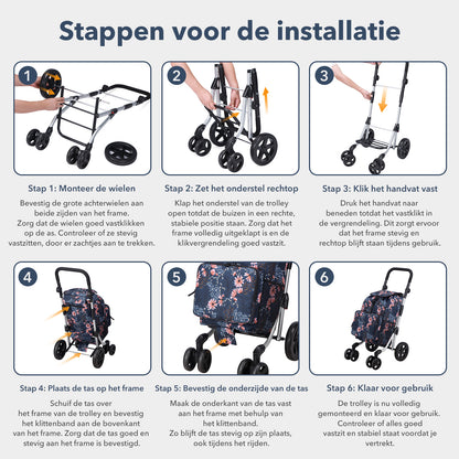 Packaway Boodschappentrolley met 4 wielen - boodschappenwagen deluxe met koelvak en verstelbaar handvat – 60 liter – Japanese Flower