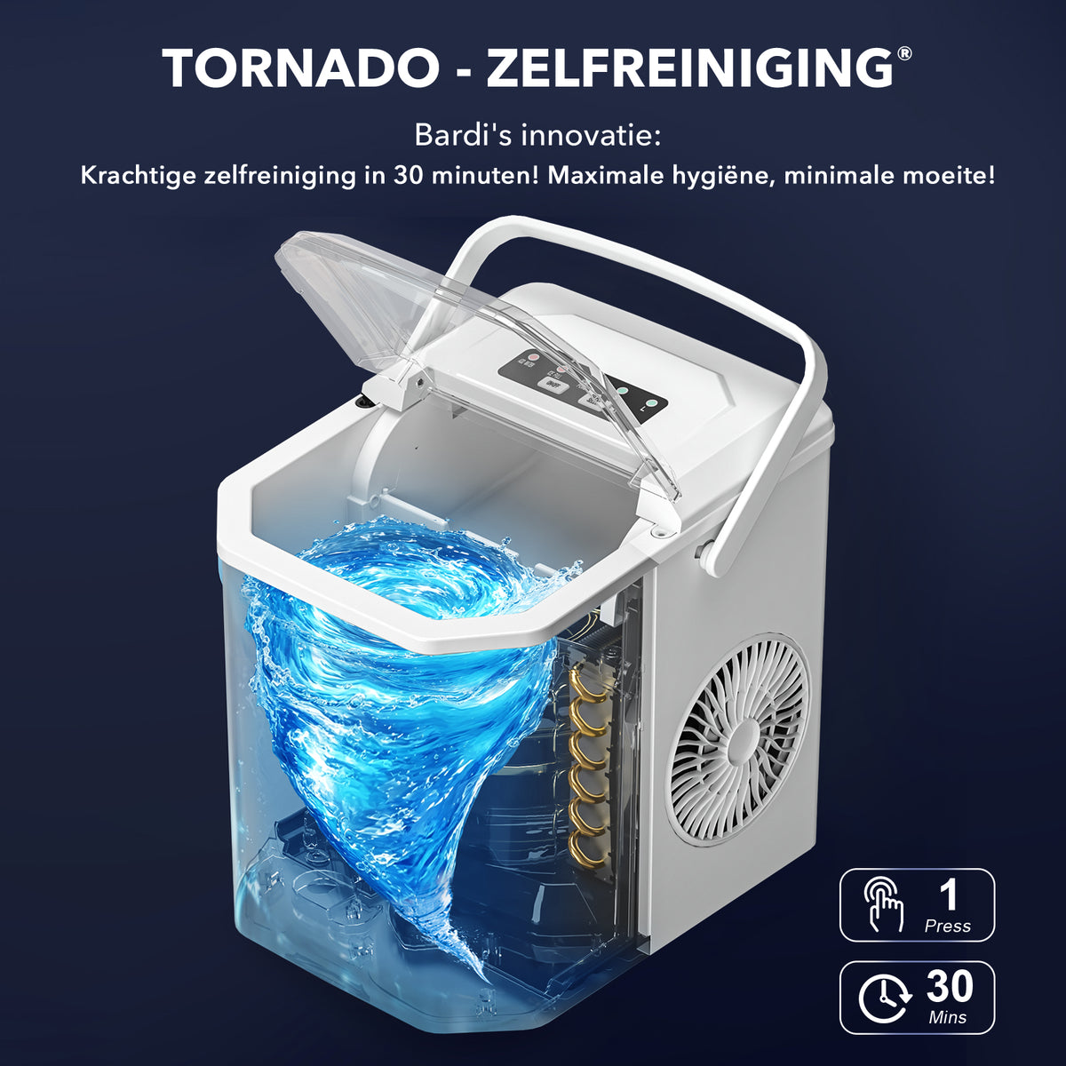 Bardi 1.3L Deluxe IJsblokjesmachine Square – IJsblokmaker Inclusief Luxe Thermosbeker en IJsschep – 9 Blokjes in 8 Minuten – WIT