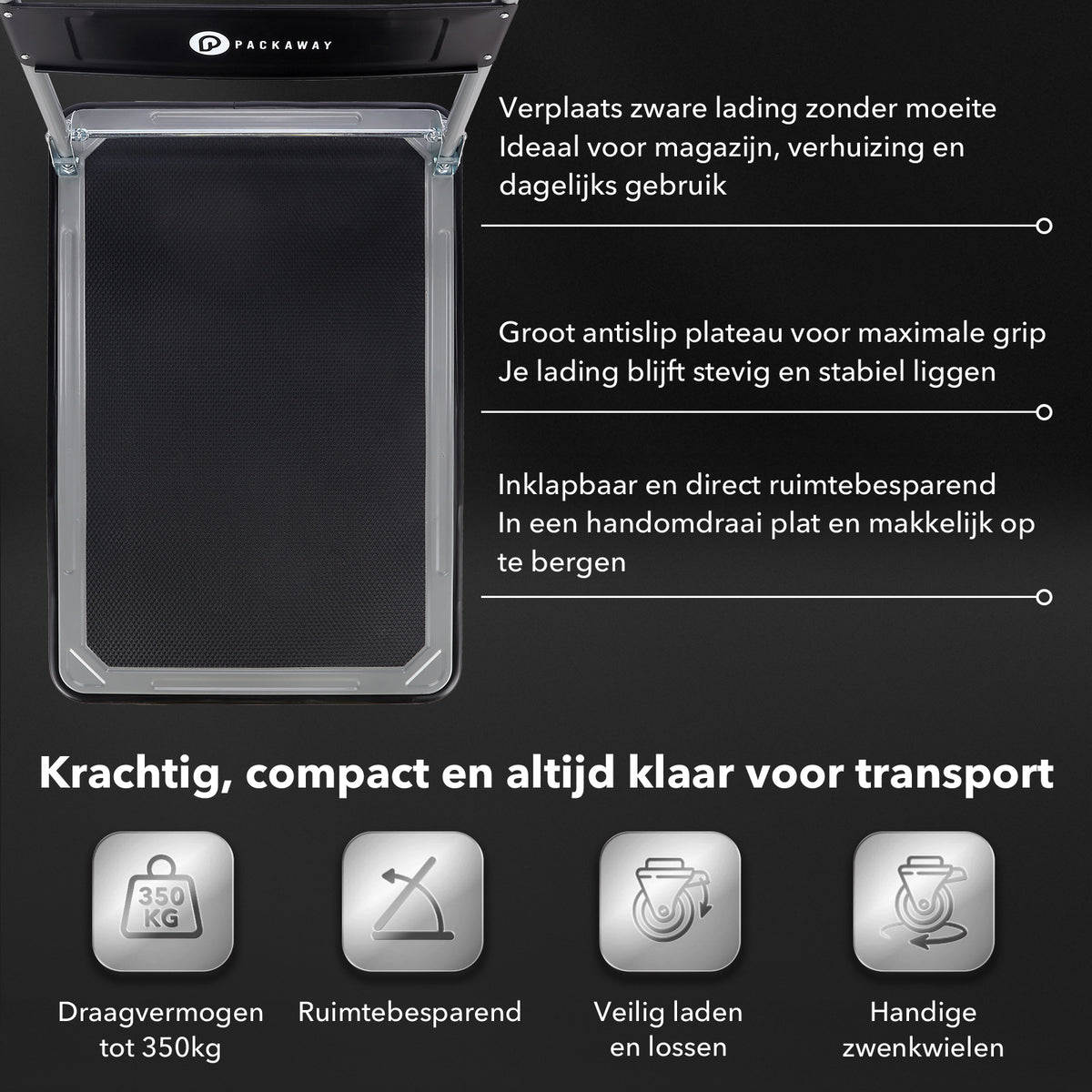 Packaway Professionele Opvouwbare Transportwagen 350 kg – Transportkar met Rubberen Luchtbanden – Rem – Antislip Laadplateau