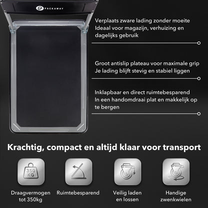 Packaway Professionele Opvouwbare Transportwagen 350 kg – Transportkar met Rubberen Luchtbanden – Rem – Antislip Laadplateau