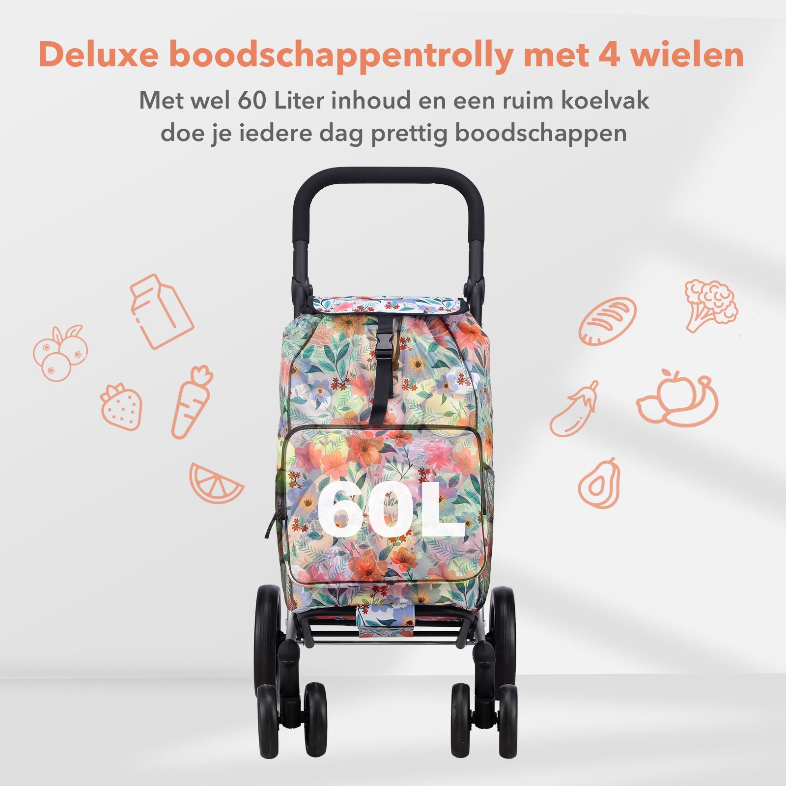 Packaway Boodschappentrolley met 4 wielen - boodschappenwagen deluxe met koelvak en verstelbaar handvat – 60 liter – Pastel Blossom
