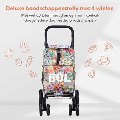 Packaway Boodschappentrolley met 4 wielen - boodschappenwagen deluxe met koelvak en verstelbaar handvat – 60 liter – Pastel Blossom