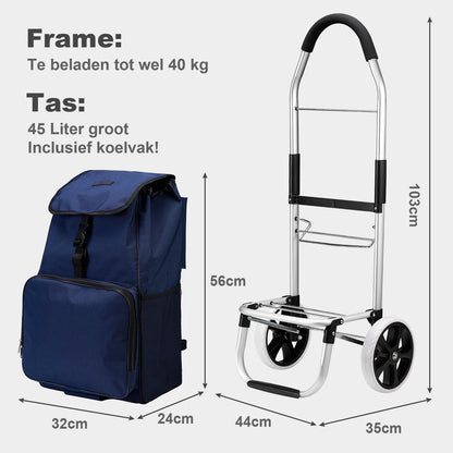 Boodschappentrolley 45L blauw - winkelwagen ophanging - opvouwbaar - telescopisch handvat