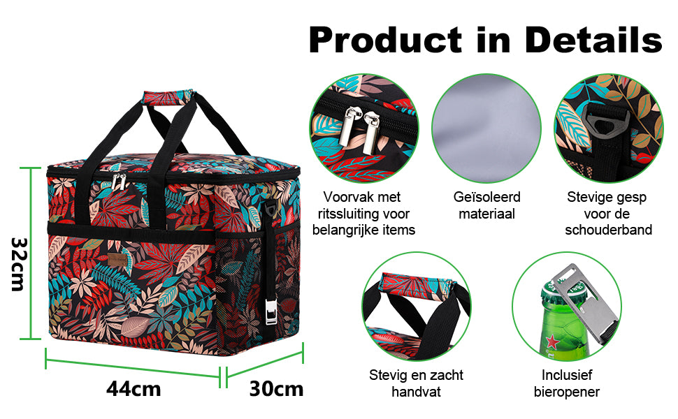 Koeltas 40L jungle - lunchtas - opvouwbaar - 4-laags geïsoleerd - incl. 6 gratis koelelementen en draagband