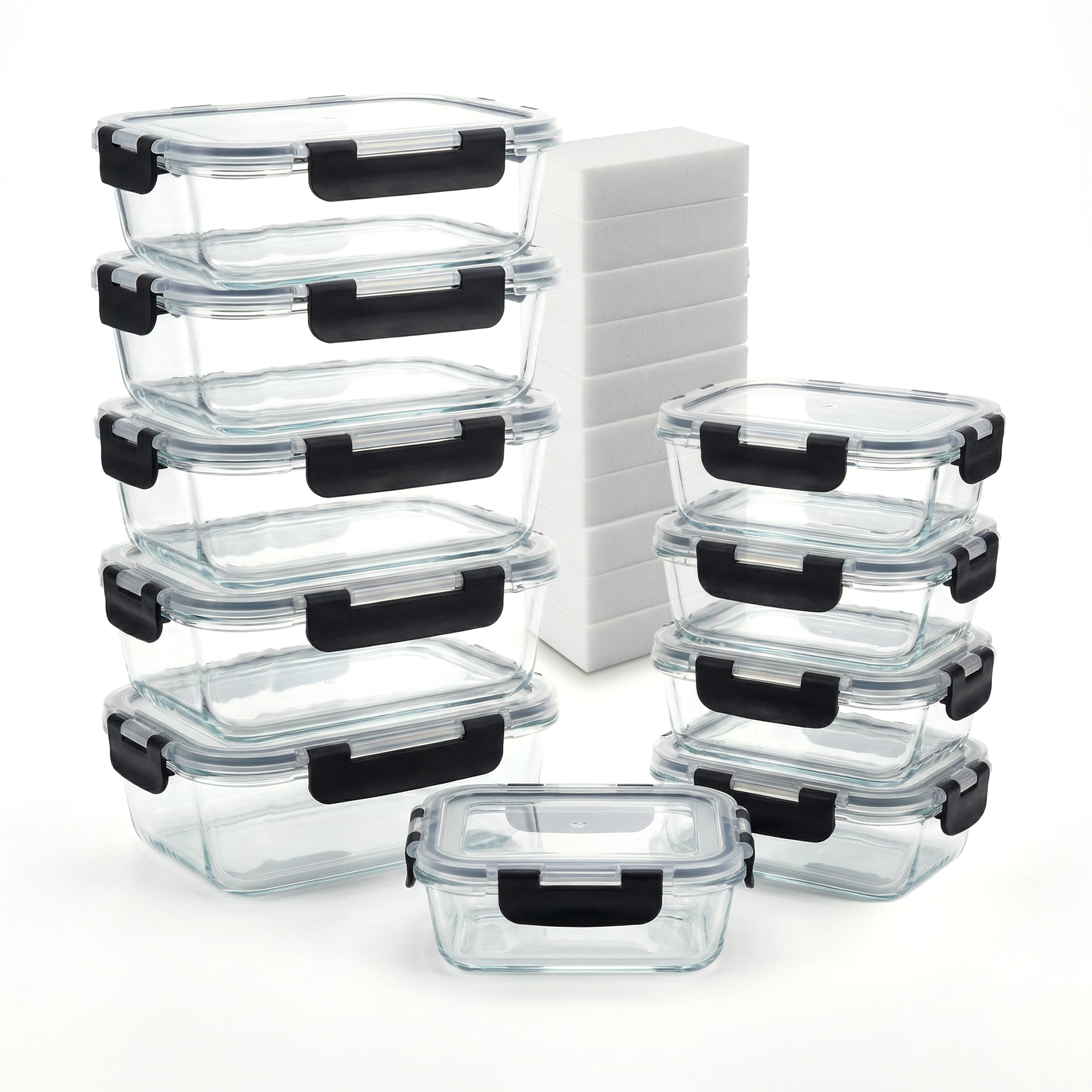 Bardi 10-delige set glazen vershoudbakjes 1060ml & 370ml - oven- magnetron- en vriezerbestendig,  incl. 10 wondersponsen