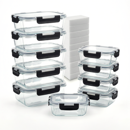 Bardi 10-delige set glazen vershoudbakjes 1060ml & 370ml - oven- magnetron- en vriezerbestendig,  incl. 10 wondersponsen