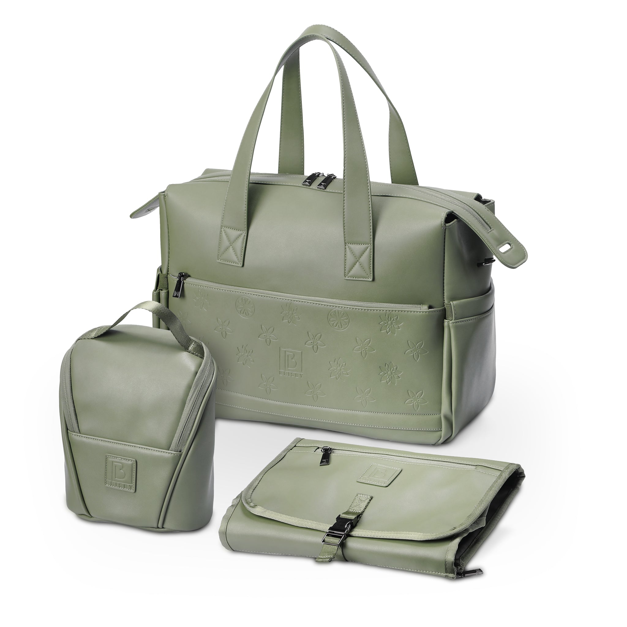 Venezia diaper bag and weekend bag green - PU leather - shoulder bag - wear-resistant - Incl. buggy/pram hooks, changing mat and cool bag