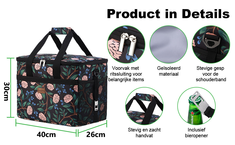 Koeltas 30L passion flower - lunchtas - opvouwbaar - 4-laags geïsoleerd - incl. 4 gratis koelelementen en draagband