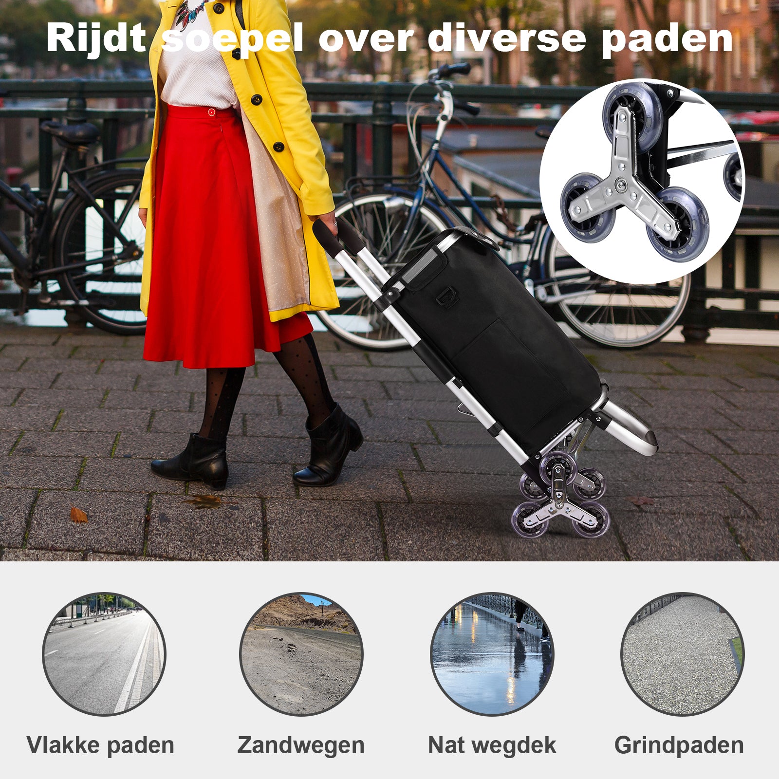 Boodschappentrolley met 6 wielen voor trappen 40L zwart - boodschappenwagen - steekwagen functie