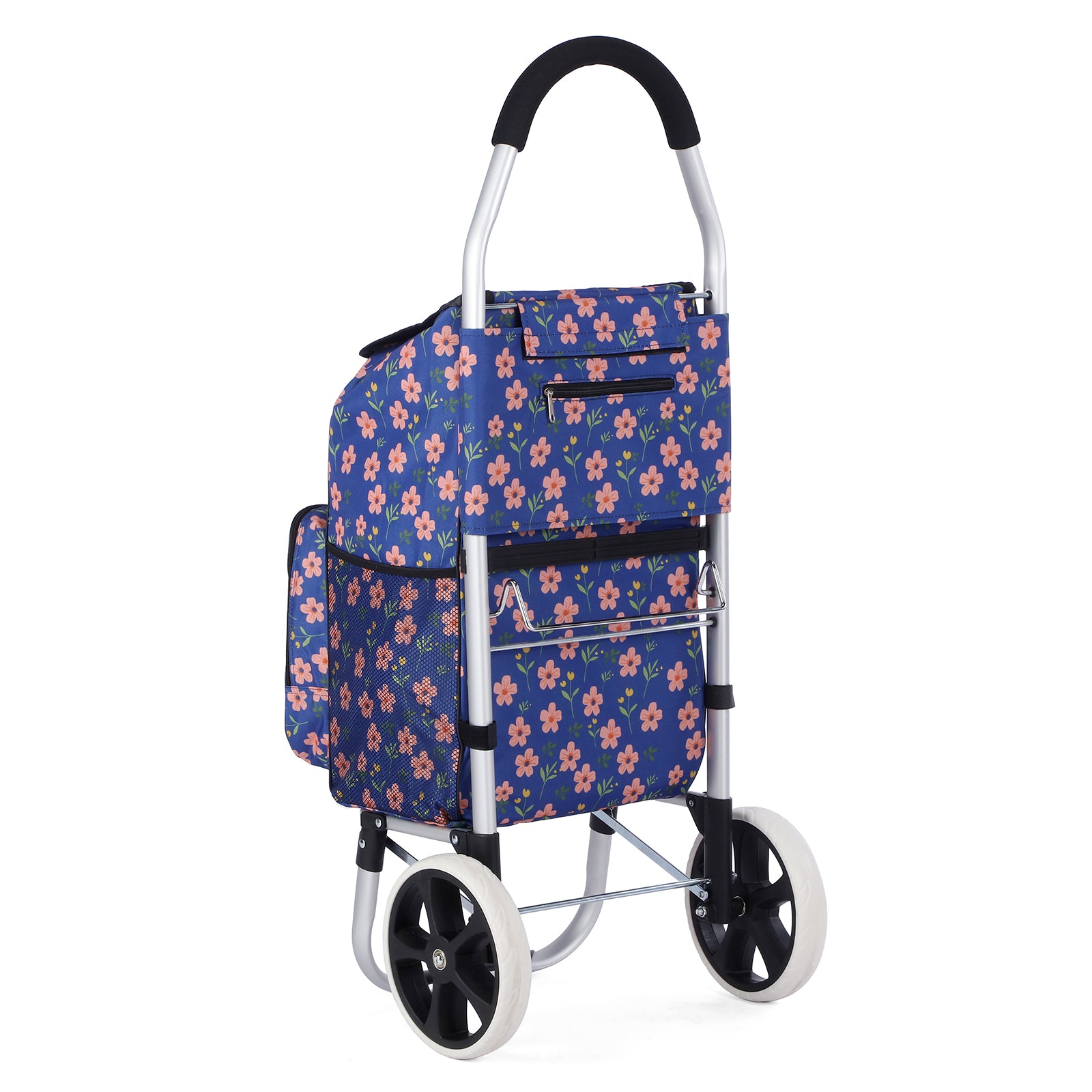 Packaway Boodschappentrolley 45L met Koelvak - Boodschappenwagen met Grote Wielen - Steekwagenfunctie - Waterafstotend - Blue Blossom