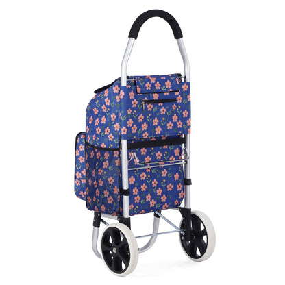 Packaway Boodschappentrolley 45L met Koelvak - Boodschappenwagen met Grote Wielen - Steekwagenfunctie - Waterafstotend - Blue Blossom