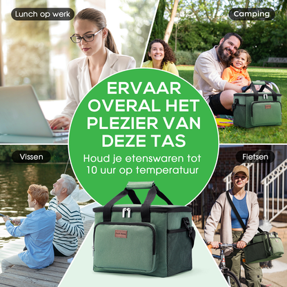 Koeltas 15L groen - lunchtas - 4-laags geïsoleerd - opvouwbaar - incl. 2 gratis koelelementen en draagband