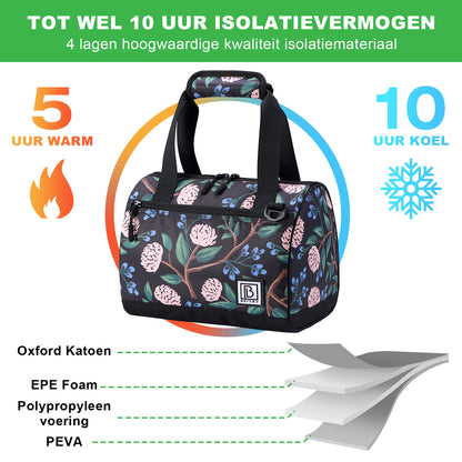 Koeltas 10L passion flower -  Lunchtas - 4-laags geïsoleerd - 2 gratis koelelementen - incl. schouderband