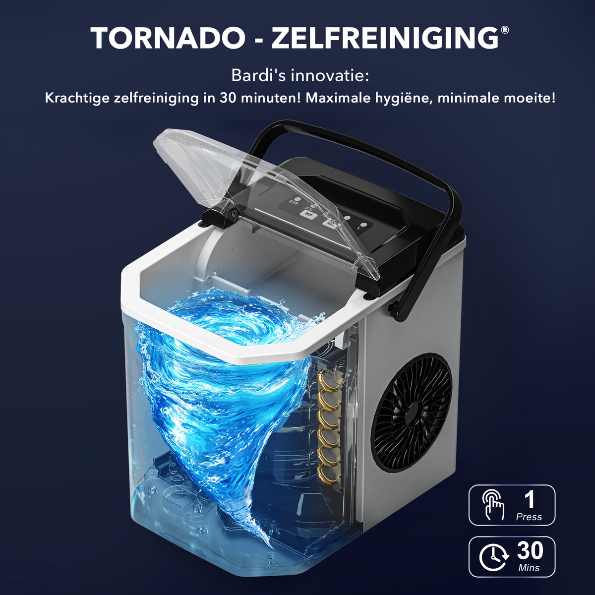 Bardi 1.3L Deluxe IJsblokjesmachine Square – IJsblokmaker Inclusief Luxe Thermosbeker en IJsschep – 9 Blokjes in 8 Minuten – GUNMETAL RVS