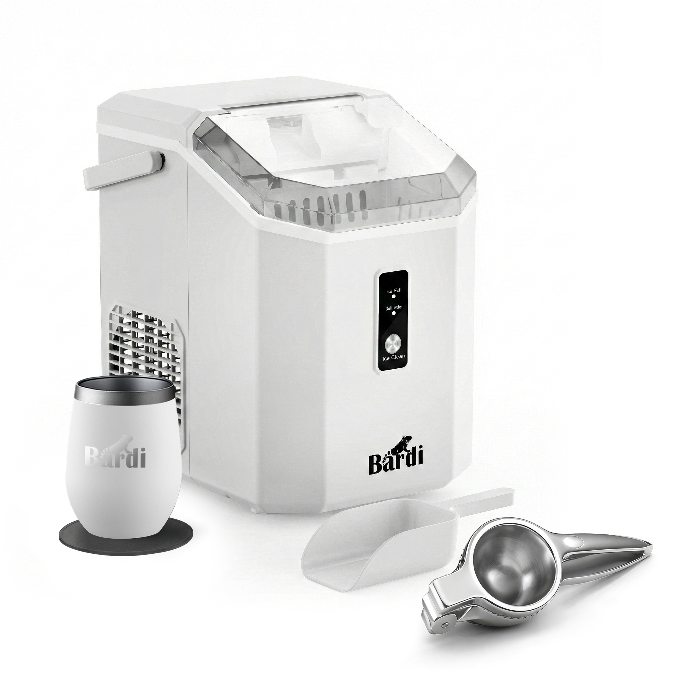 Bardi 1.1L - Nugget IJsblokjesmachine Square - Crushed Ice Maker met IJsschep - 15kg/24 uur - Ijsblokjesmaker - Met Luxe Thermosbeker - WIT met citruspers rvs