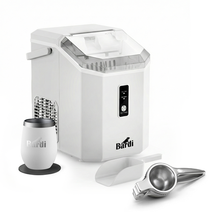 Bardi 1.1L - Nugget IJsblokjesmachine Square - Crushed Ice Maker met IJsschep - 15kg/24 uur - Ijsblokjesmaker - Met Luxe Thermosbeker - WIT met citruspers rvs