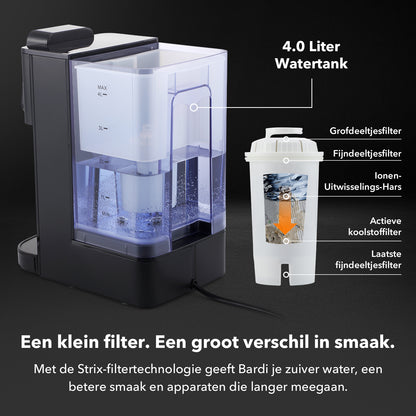 Bardi Heetwaterdispenser 4L zwart met STRIX filter - incl. thermoscup + onderzetter