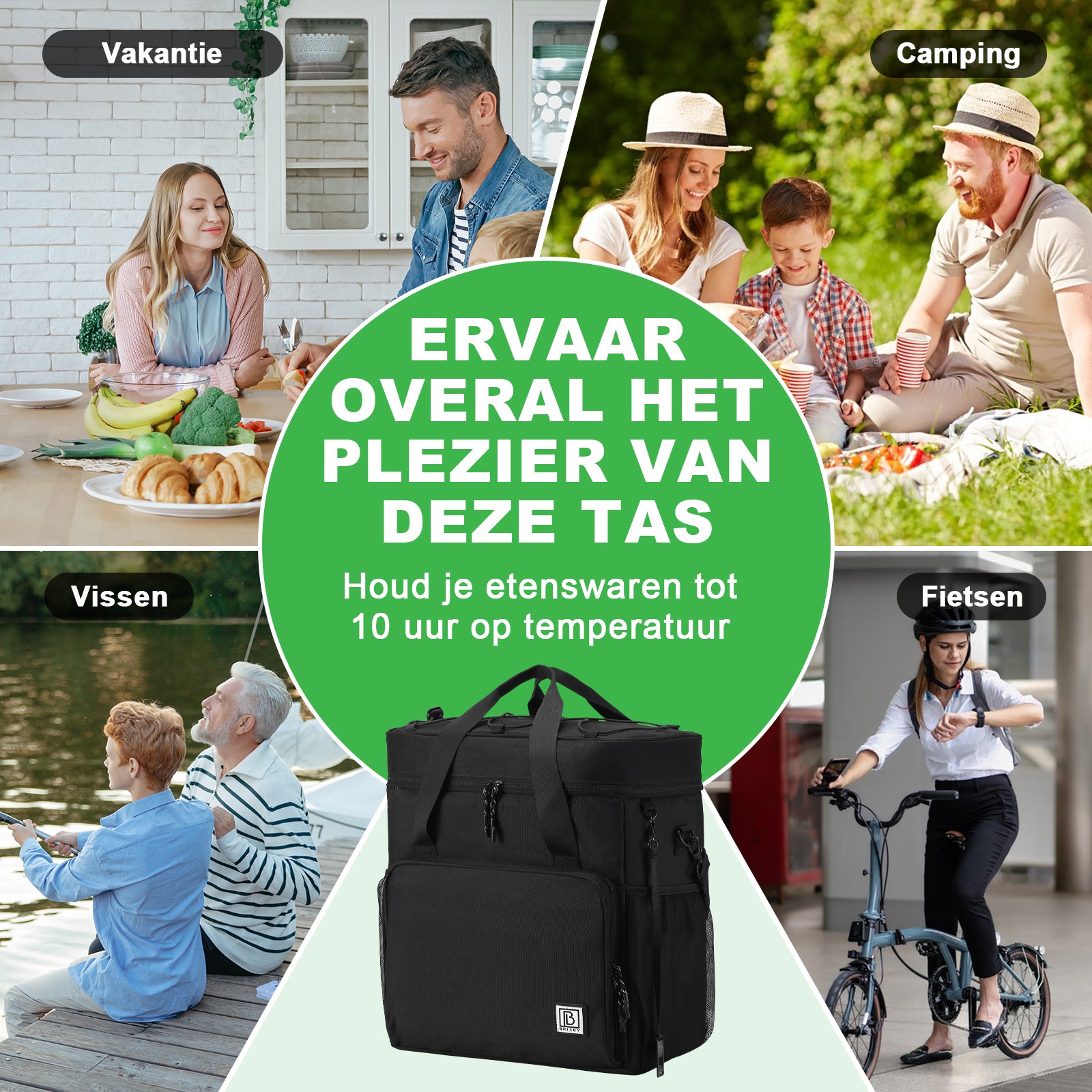 Koeltas 40L zwart met grijze binnenzijde - Lunchtas - 4-laags geïsoleerd - 6 gratis koelelementen - incl. schouderband