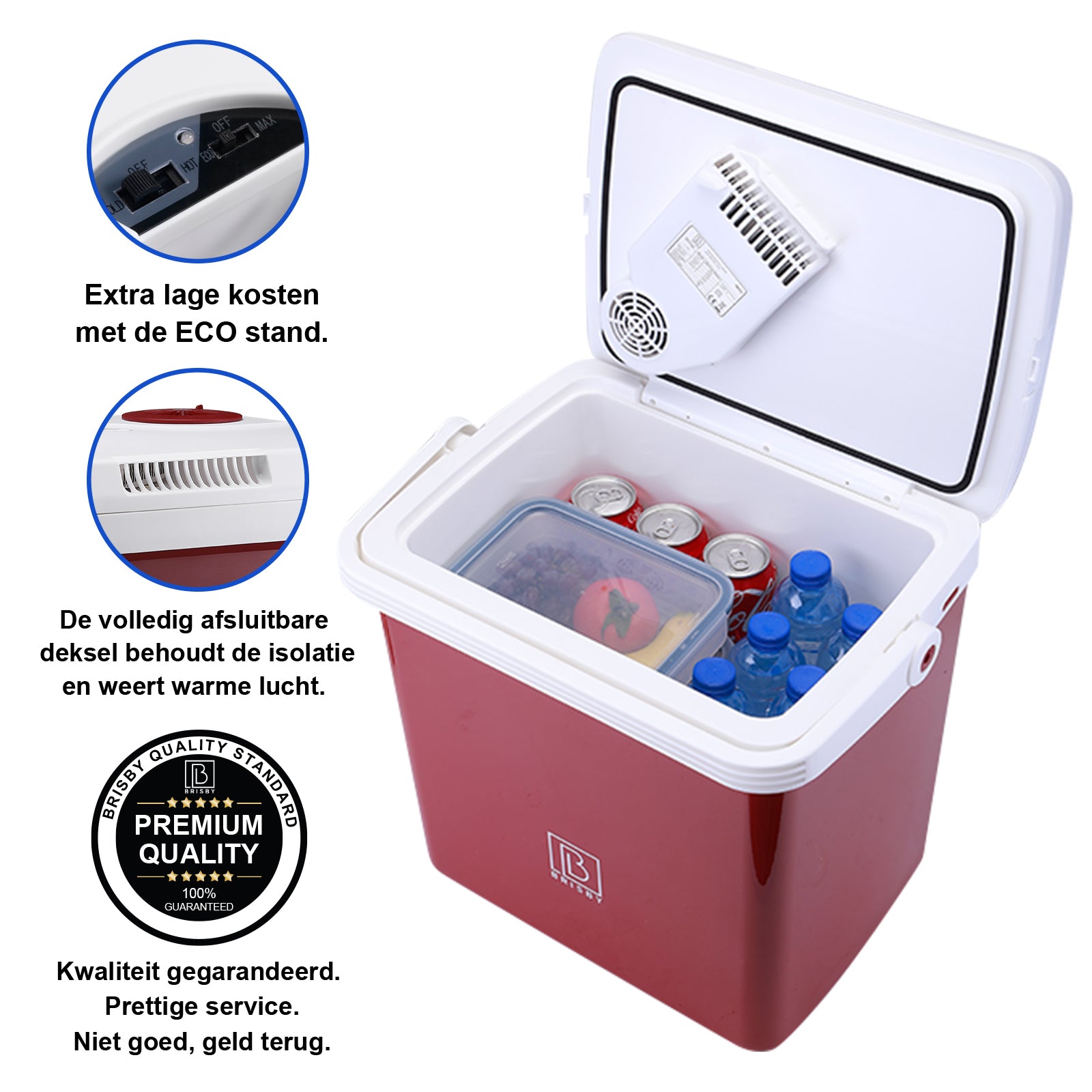 Elektrische koelbox 25L rood - AC/DC 12V, 220/230V - incl. divider en vershoudbakjes - vergrendelbare deksel