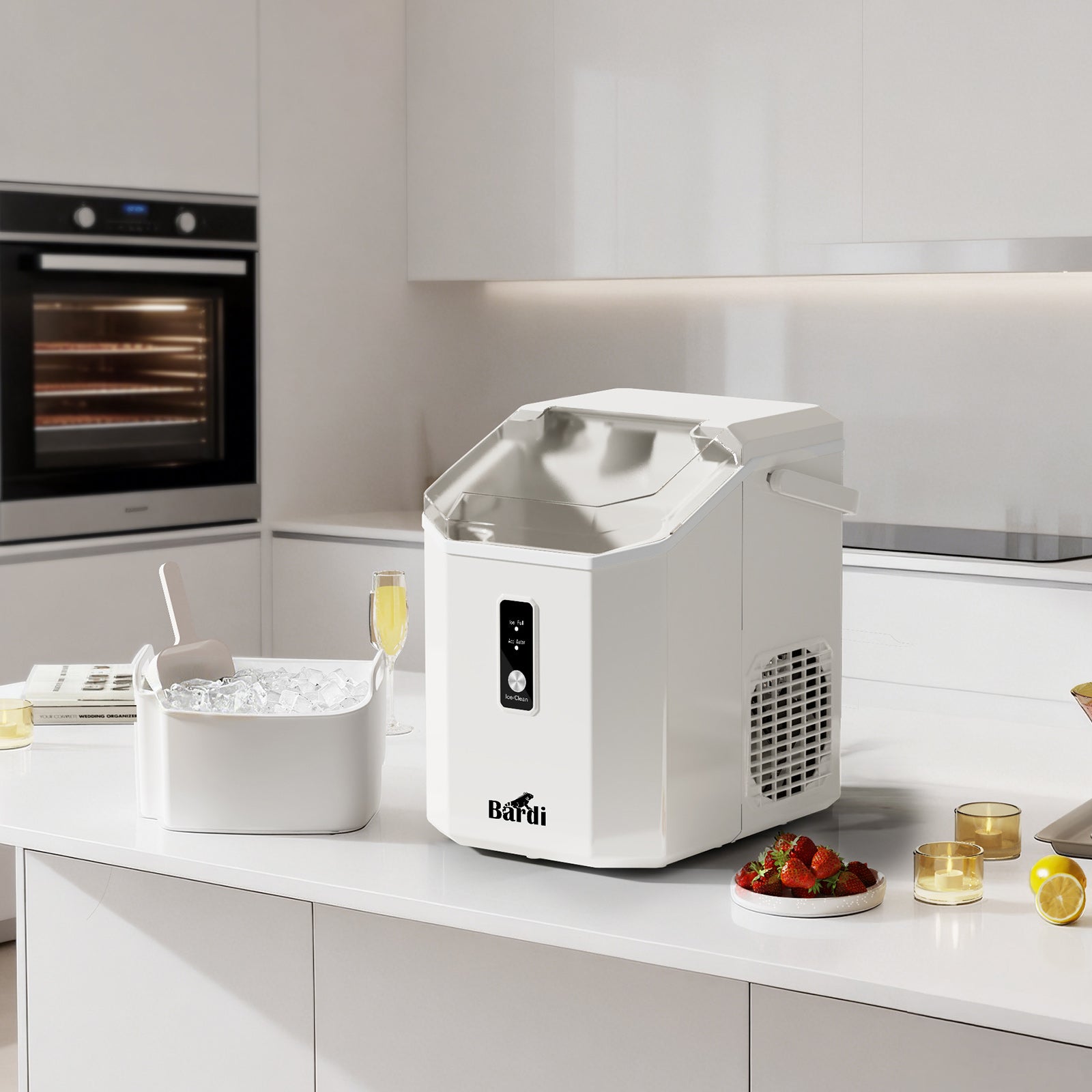 Bardi 1.1L - Nugget IJsblokjesmachine Square - Crushed Ice Maker met IJsschep - 15kg/24 uur - Ijsblokjesmaker - Met Luxe Thermosbeker - WIT met citruspers rvs
