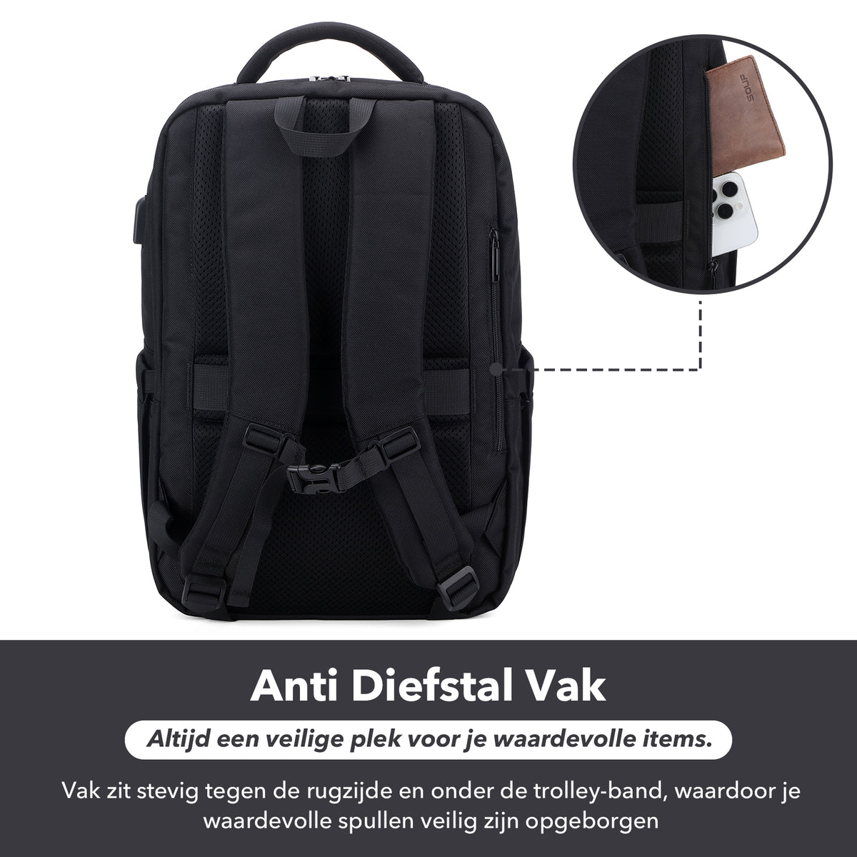 Brisby Rugzak Pro 2 – Laptoprugzak tot 15,7 inch voor Werk, School en Reizen – Waterafstotend – Met Tabletvak, Antidiefstalvak en Trolleysleeve – Zwart