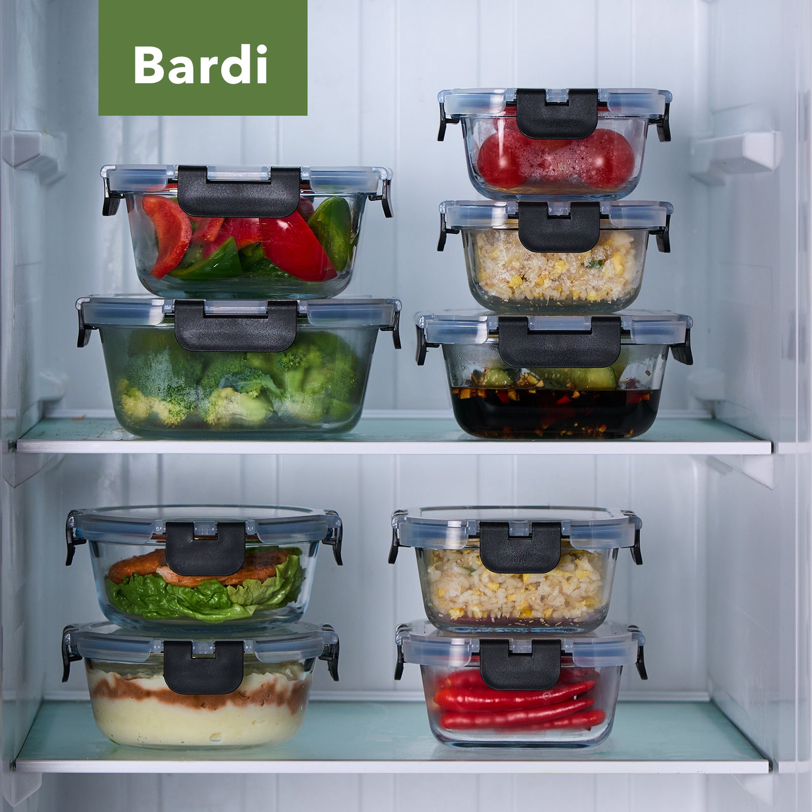 Bardi 12-Delige Glazen Vershoudbakjes – Meal Prep Bakjes Glas met Deksel – BPA & PFAS Vrij – Luchtdicht – Incl. 40 Bardi Prep & Store Labels + 10 Wondersponzen – 6,79L