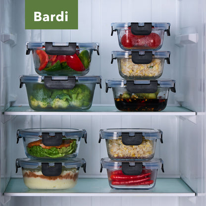 Bardi 12-Delige Glazen Vershoudbakjes – Meal Prep Bakjes Glas met Deksel – BPA & PFAS Vrij – Luchtdicht – Incl. 40 Bardi Prep & Store Labels + 10 Wondersponzen – 6,79L