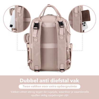 Brisby Premium Luiertas – Uitgebreide en Functionele Verzorgingstas – met buggymontage – Anti Diefstal Vakken - Reistrolley Sleeve - Inclusief verschoonmatje t.w.v.15,99 euro en speenhouder - Levenslange Garantie - Muted Rosé