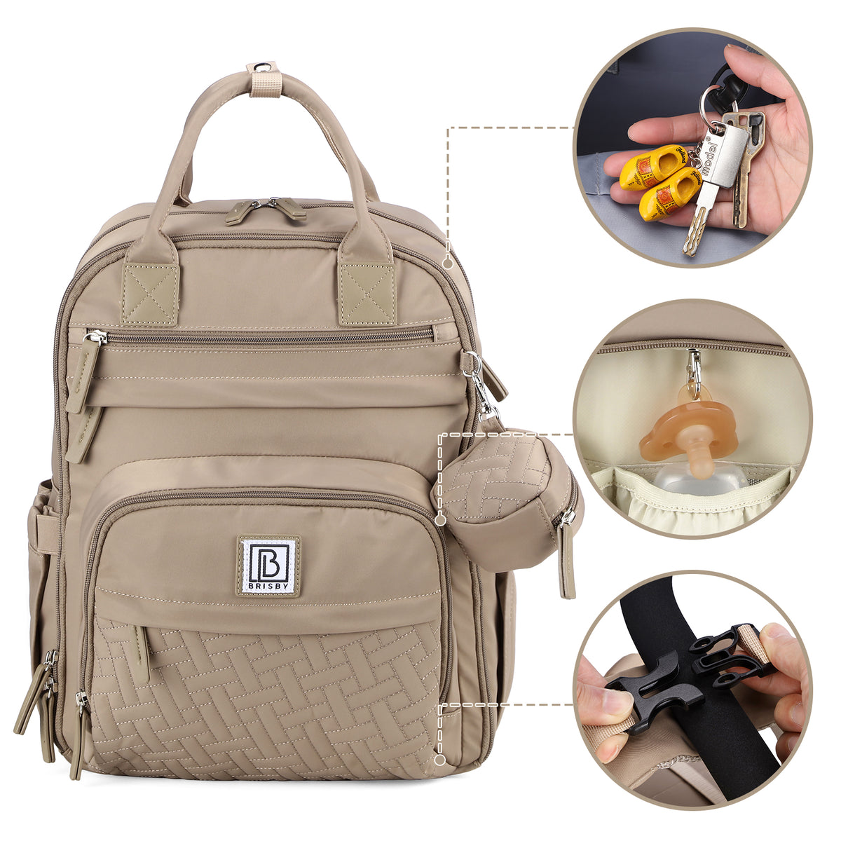 Brisby Premium Luiertas – Uitgebreide en Functionele Verzorgingstas – met buggymontage – Anti Diefstal Vakken - Reistrolley Sleeve - Inclusief verschoonmatje t.w.v.15,99 euro en speenhouder - Levenslange Garantie - Natural Greige