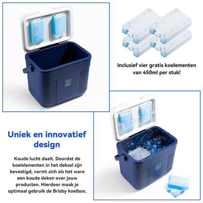 Brisby Koelbox - Frigobox - 22L - Blauw - Tot maximaal 40 uur isolatie - Incl. 4 dikke koelelementen van 450ml en 3 Delige Set Vershoudbakjes - Temperatuur veilige sluiting - Met koelelementen vergrendeld in deksel