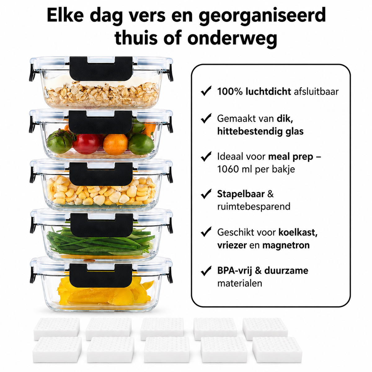 Bardi 5-delige set glazen vershoudbakjes 1060ml - oven- magnetron- en vriezerbestendig, incl. 10 wondersponsen