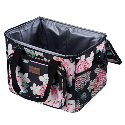 Koeltas 15L koeltas black flower - lunchtas - 4-laags geïsoleerd - opvouwbaar - incl. 2 gratis koelelementen en draagband